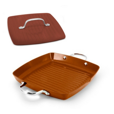Ecopan BBQ  Set of 2: 28 x 28cm Square Grill with 2 Handles + 22cm Square Meat Press Bronze
